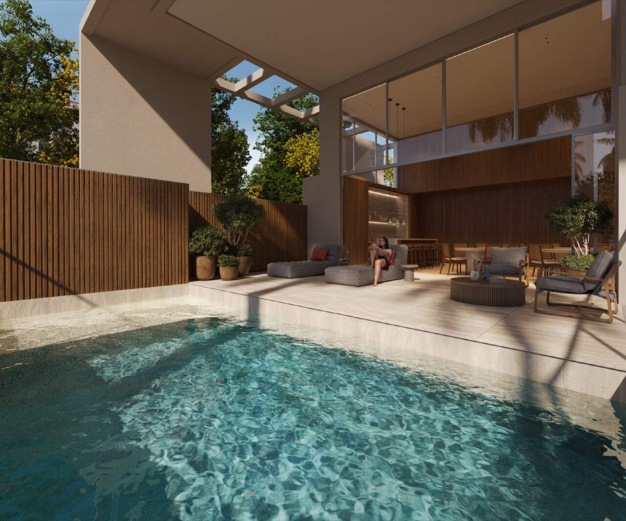 Aqua Lounge: piscina aquecida integrada ao espaço gourmet do prédio (imagem ilustrativa)