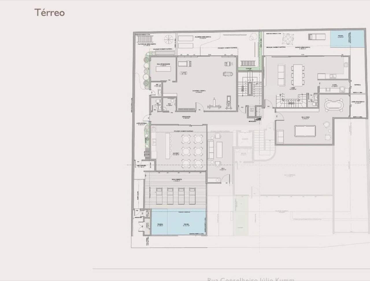 Implantação do térreo: piscina, deck, gourmet, academia, sala de massagem e jogos