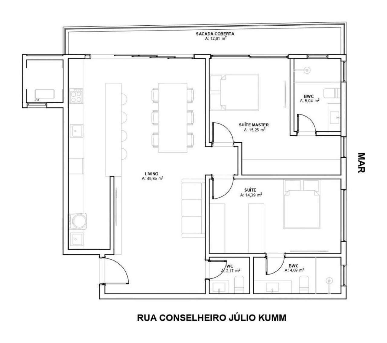 Planta de 113,88 m² com 2 suítes e sacada coberta (imagem ilustrativa)