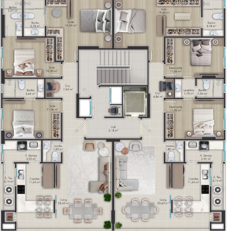 Planta do pavimento tipo do Tierra Del Sol, com dois apartamentos por andar (imagem ilustrativa)