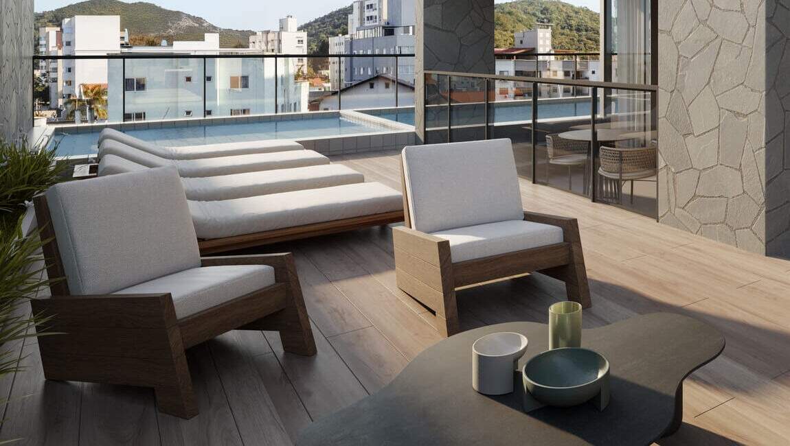 Poltronas e espreguiçadeiras no deck da piscina (imagem ilustrativa)