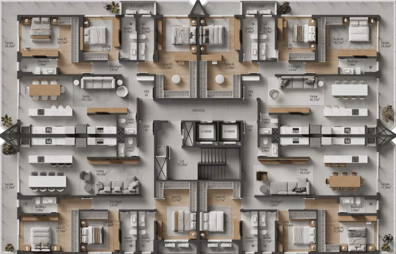 Pavimento tipo do Zãya Brava, com quatro apartamentos por andar (imagem ilustrativa)