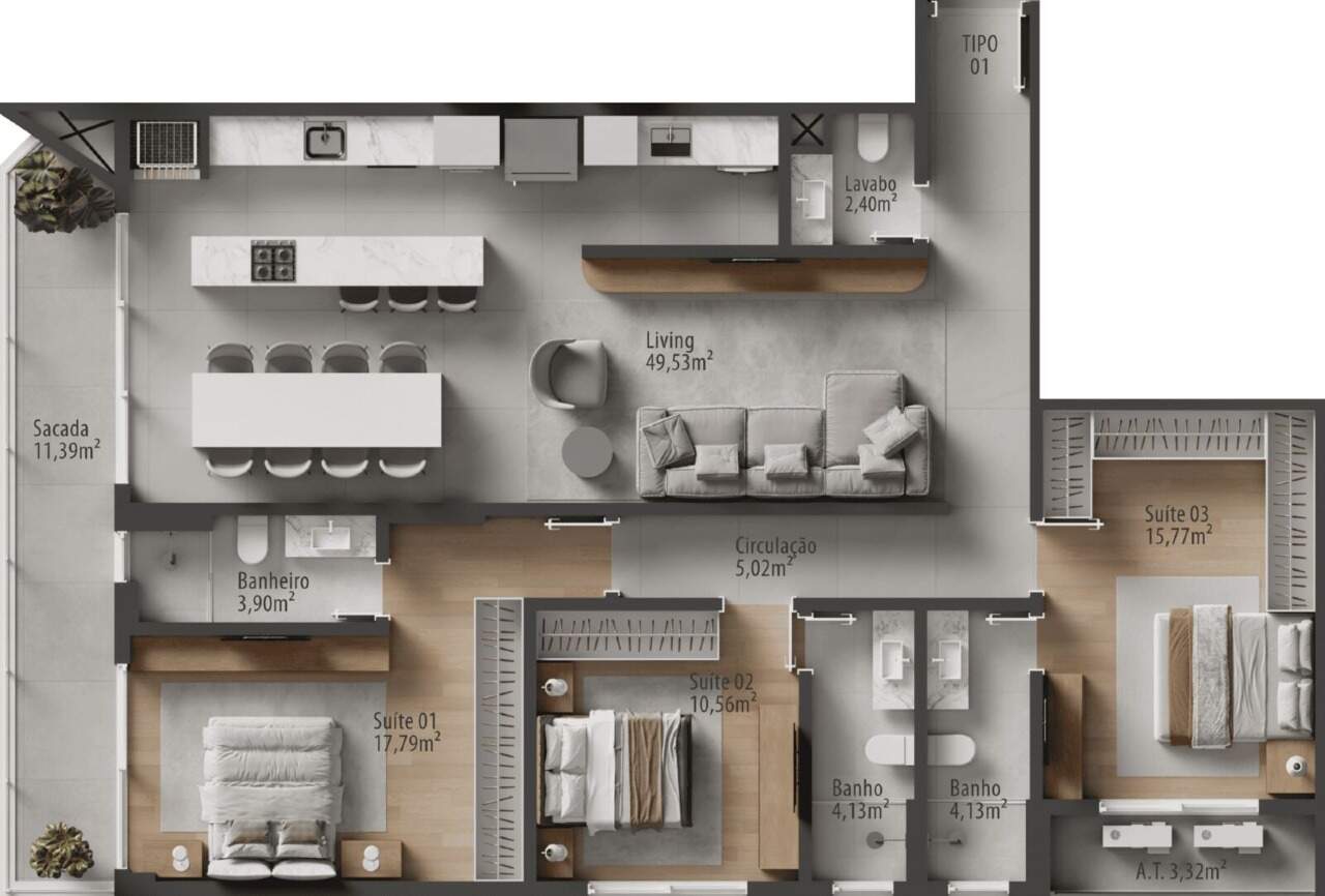 Planta do final 01 do Zãya Brava: 146 m² privativos com 3 suítes (imagem ilustrativa)