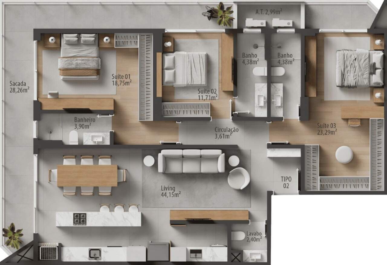Planta do final 02 do Zãya Brava: 165 m² privativos com 3 suítes (imagem ilustrativa)