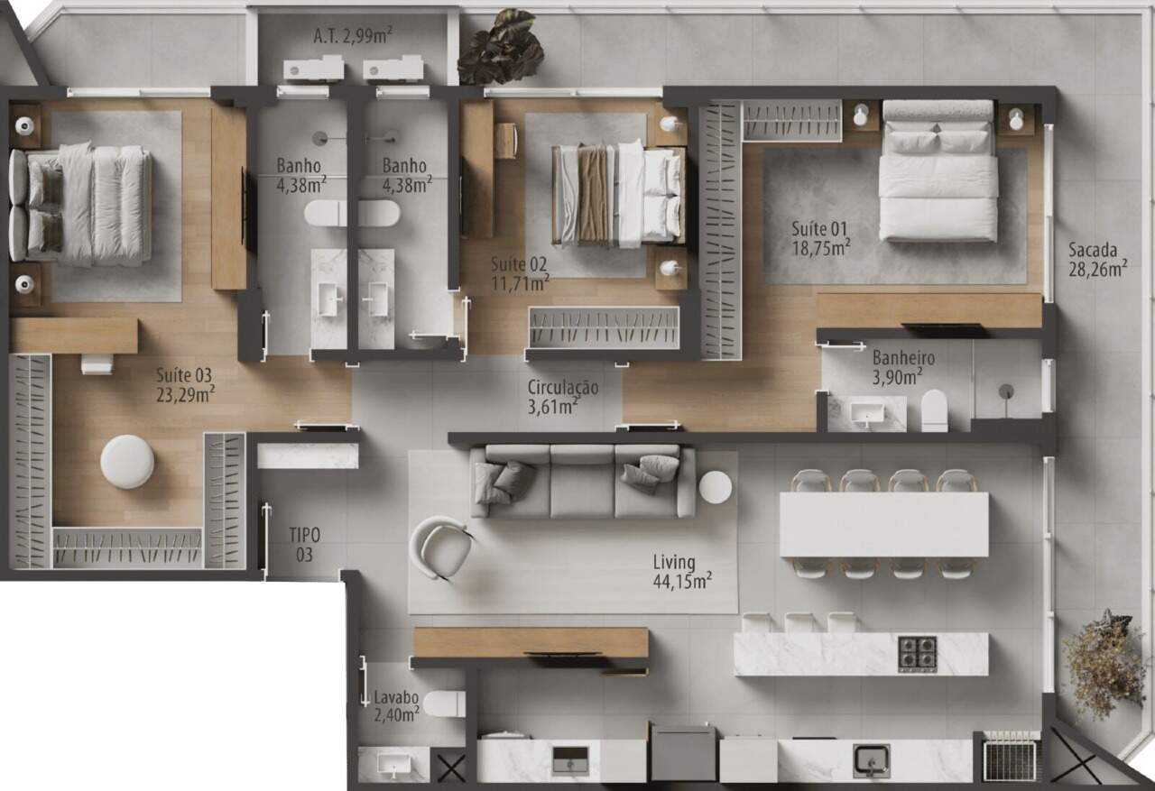 Planta do final 03 do Zãya Brava: 165 m² privativos com 3 suítes (imagem ilustrativa)