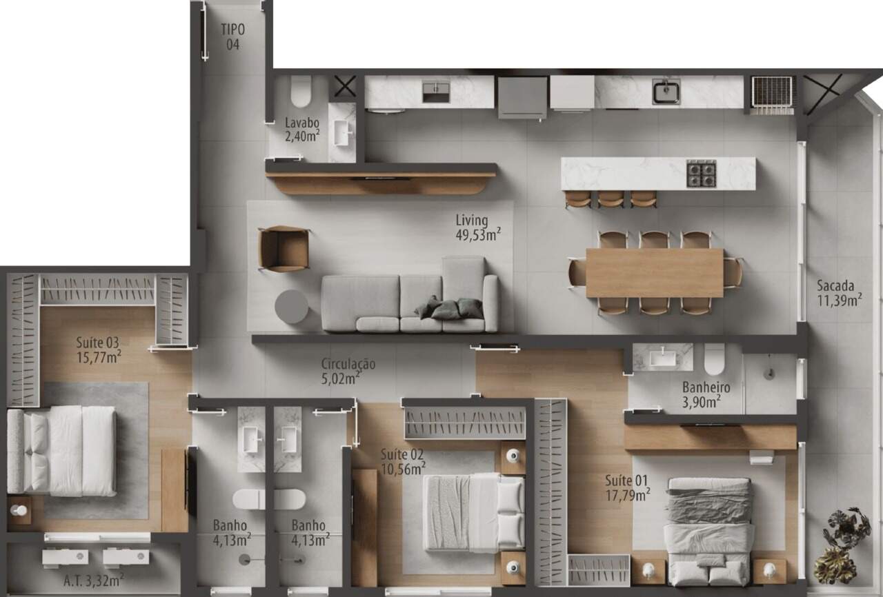 Planta do final 04 do Zãya Brava: 146 m² privativos com 3 suítes (imagem ilustrativa)