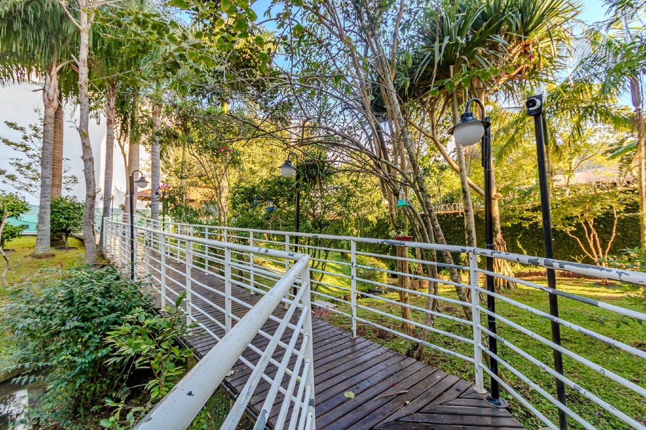 Passarela entre palmeiras e luminárias do jardim