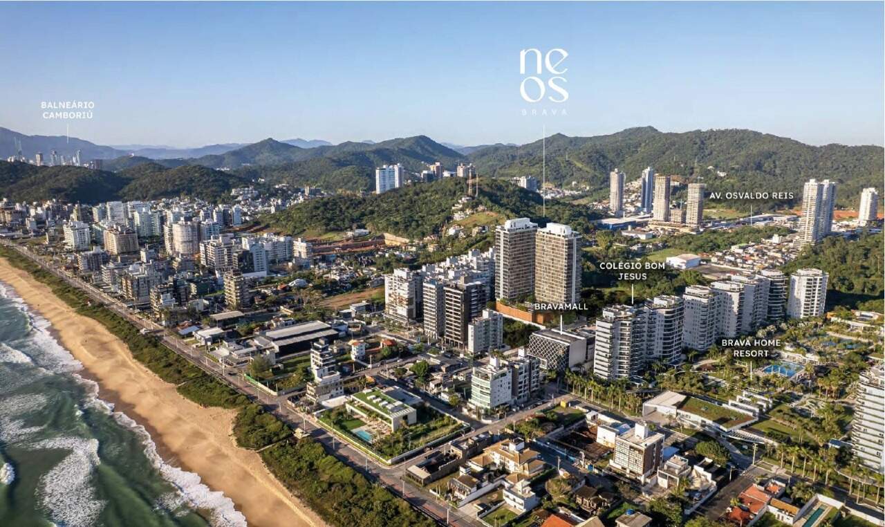 Foto aérea da Praia Brava com a posição do Neos, do Brava Mall e do Colégio Bom Jesus (montagem)