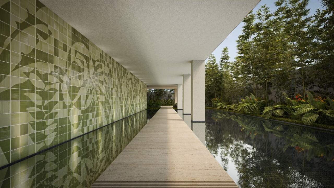 Espelho d’água e painel de azulejos de Rômulo Lass entre as torres (imagem ilustrativa)