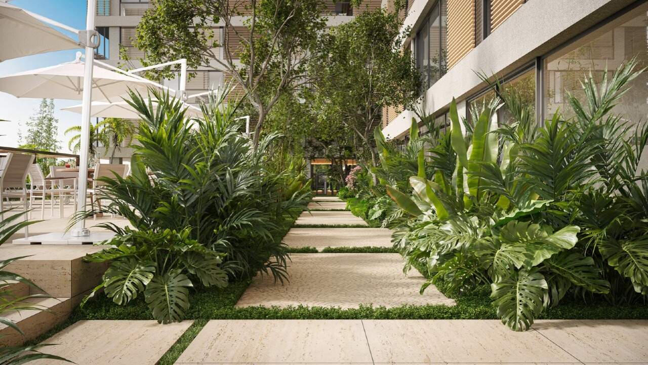 Caminho entre os jardins do pavimento de lazer (imagem ilustrativa)