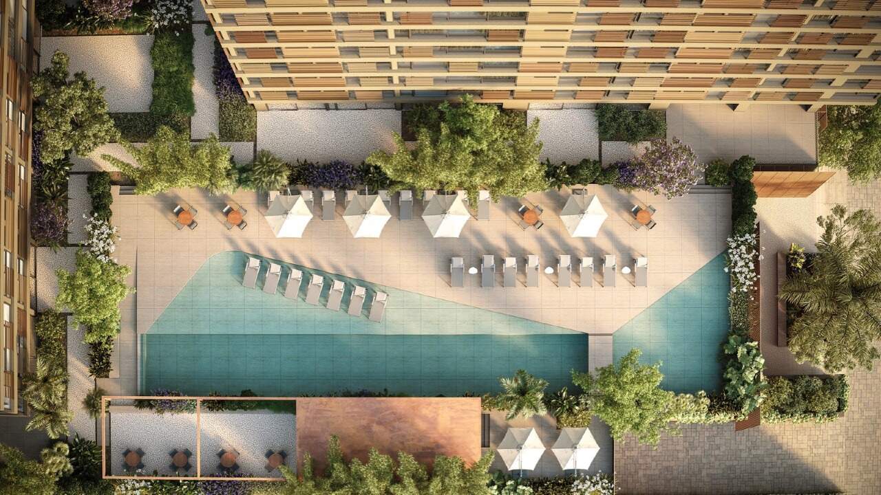 Vista aérea das piscinas aquecidas e do deck (imagem ilustrativa)