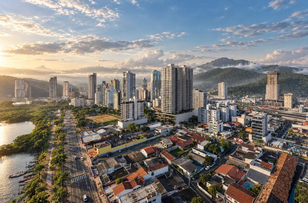 Vista aérea do bairro Fazenda com o Pátio Beira Rio, entre a Beira Rio e a cidade