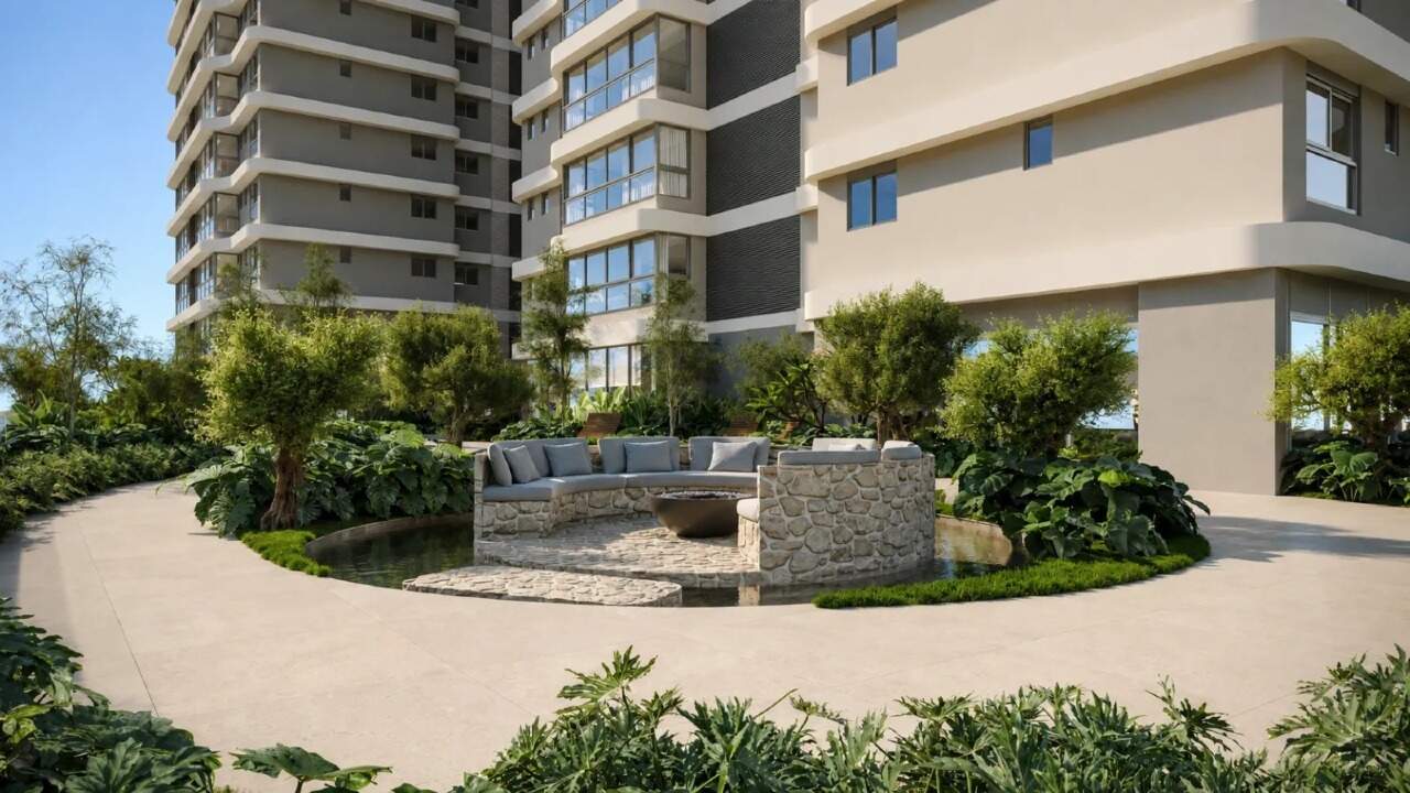 Praça das Oliveiras com fire place e espelho d’água no Pátio Beira Rio