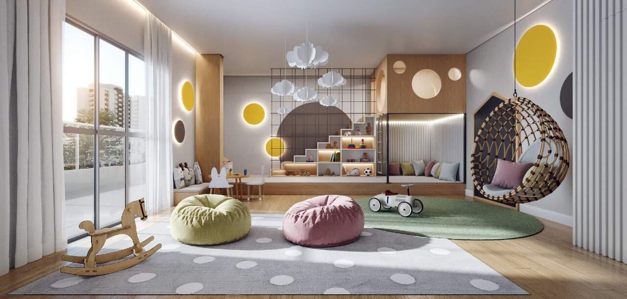Brinquedoteca do Brooklyn 365 com pufes e cadeira suspensa (imagem ilustrativa)