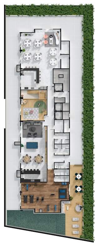 Planta humanizada do pavimento de lazer, com piscina, academia e salões (imagem ilustrativa)