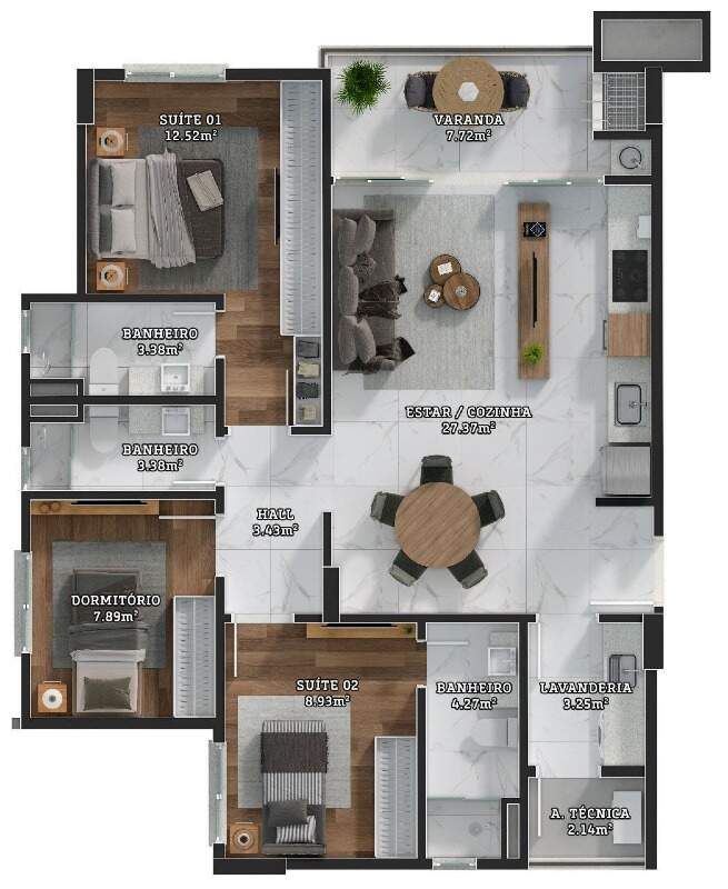 Planta de 95,5 m² com 3 dormitórios, 2 suítes e varanda com churrasqueira (finais 01 e 04)