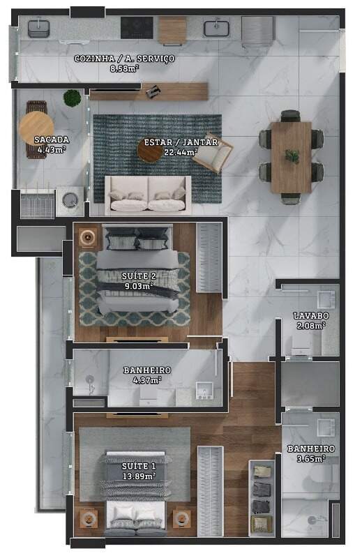 Planta de 79,5 m² com 2 suítes, lavabo e sacada com churrasqueira (finais 02 e 03)