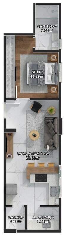 Planta de 47 m² com 1 suíte, lavabo e área de serviço (final 05)