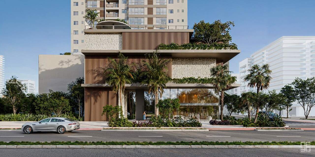 Entrada do Brava Riserva, com jardins e floreiras no embasamento