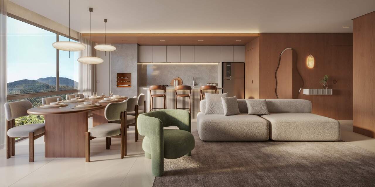 Living com mesa de jantar junto à janela, apartamento final 4 do Brava Riserva (imagem ilustrativa)