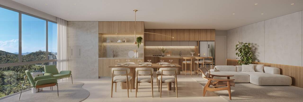 Living integrado à cozinha no apartamento final 6 do Brava Riserva (imagem ilustrativa)