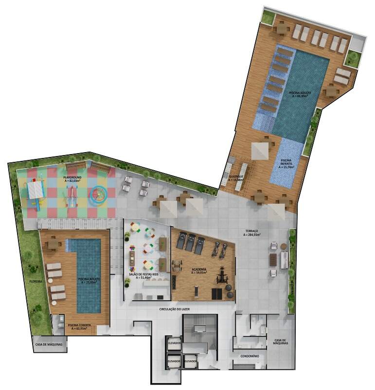Planta do pavimento de lazer: piscinas, academia, playground e salão de festas infantil