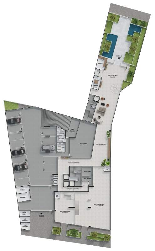Planta do térreo: entrada social, guarita, hall, bicicletário e salas comerciais