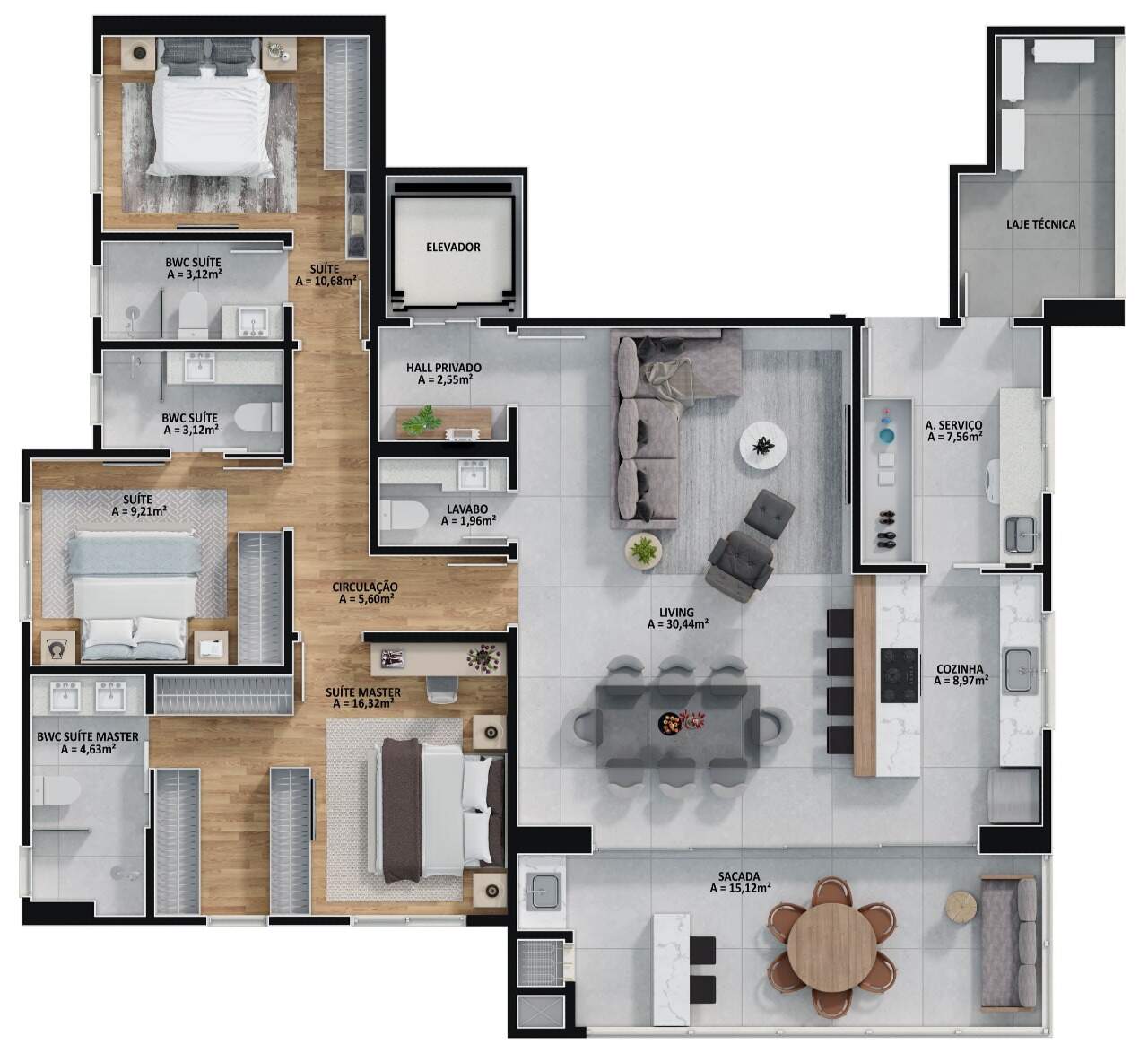 Planta do apartamento final 2: 137,13 m² e 3 suítes