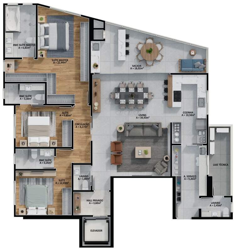 Planta do apartamento final 1: 162,57 m², 3 suítes e hidromassagem na suíte master