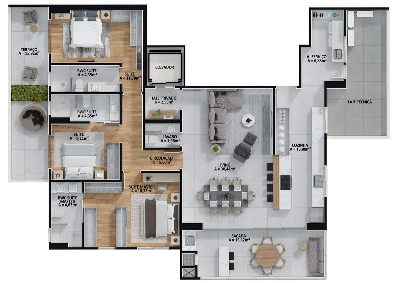 Planta do apartamento final 2 com terraço de 15,82 m²: 168,43 m² e 3 suítes