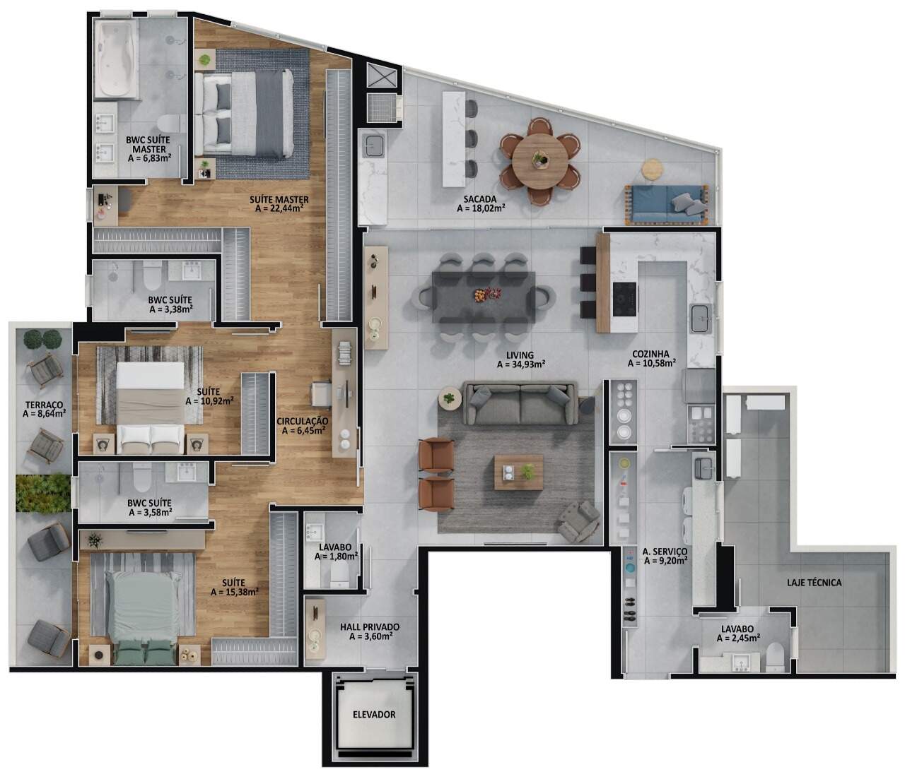 Planta do apartamento final 1 com terraço de 8,64 m²: 179,79 m² e 3 suítes