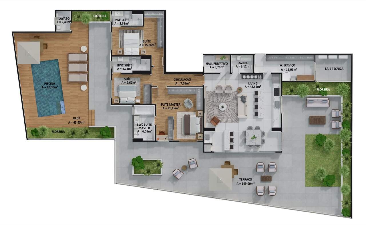 Planta do apartamento Garden: 402,94 m² com piscina privativa, deck e terraço