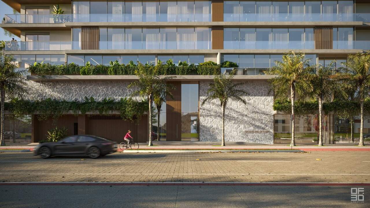 Entrada do Brava Concetto, com muro de pedra e painéis de madeira (imagem ilustrativa)
