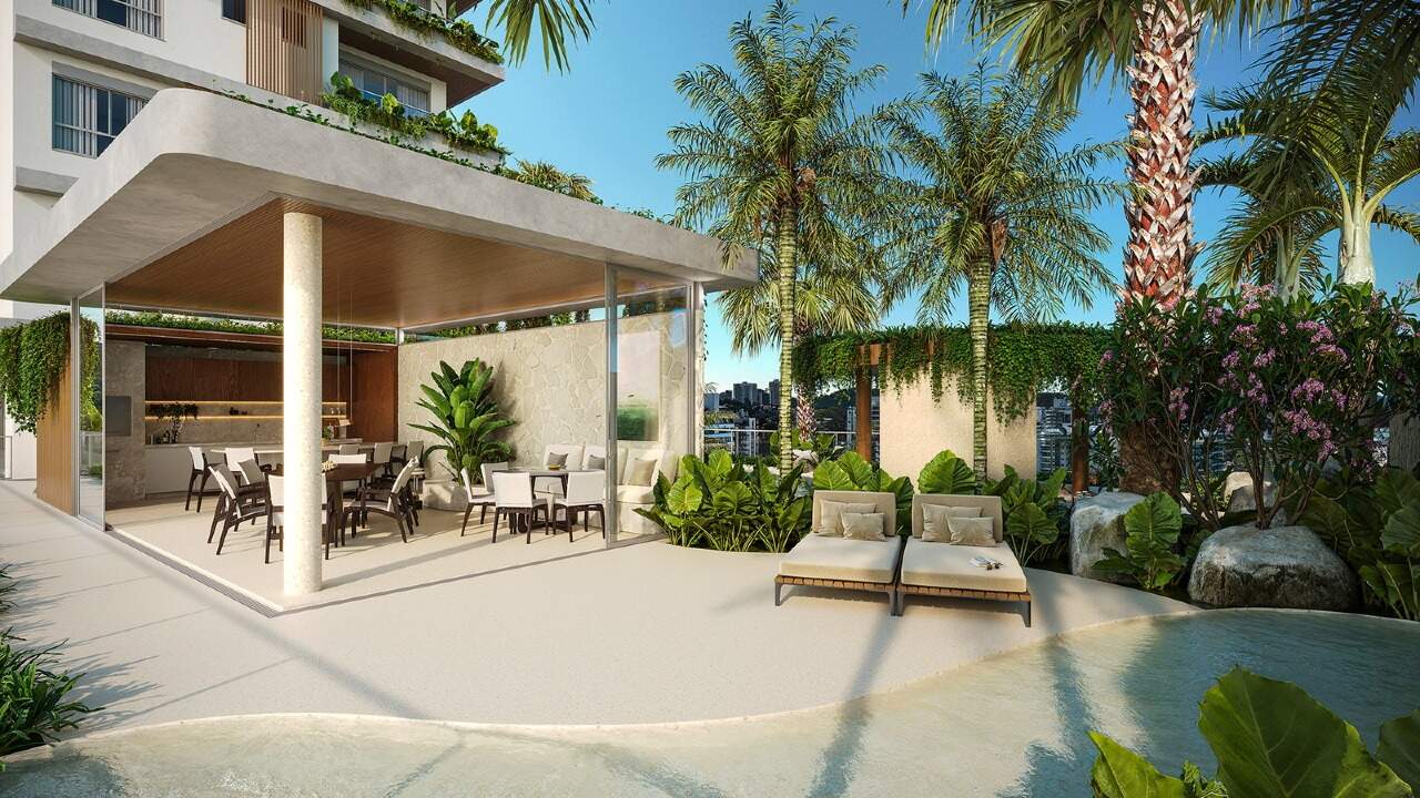Espaço gourmet e piscina privativa vistos do deck (imagem ilustrativa)