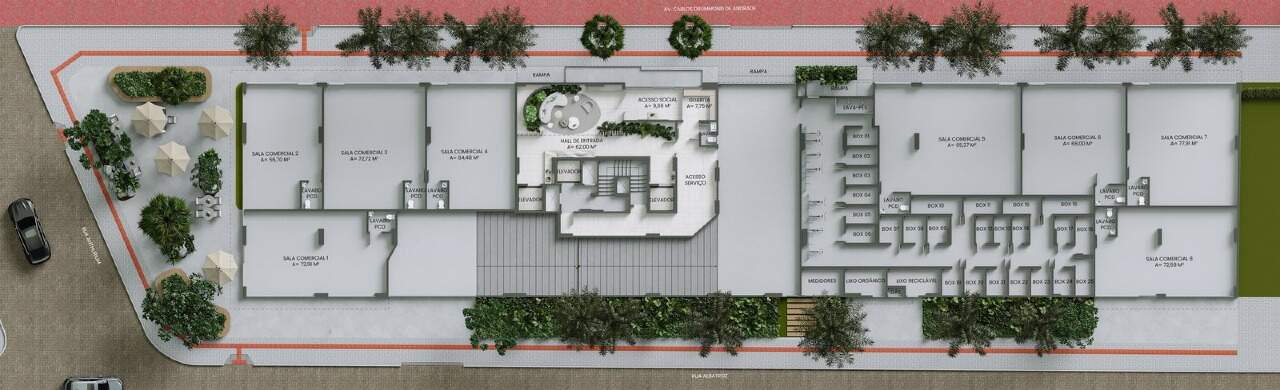 Planta do térreo com hall, guarita, boxes de praia e salas comerciais