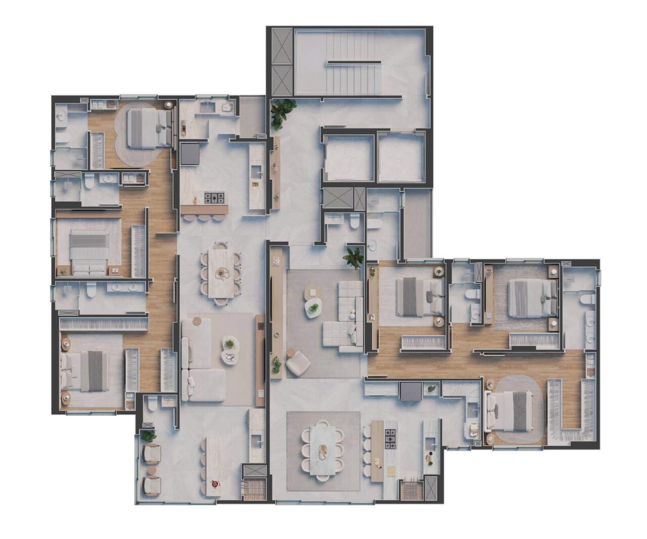 Planta do pavimento tipo, com dois apartamentos de 135 m² por andar