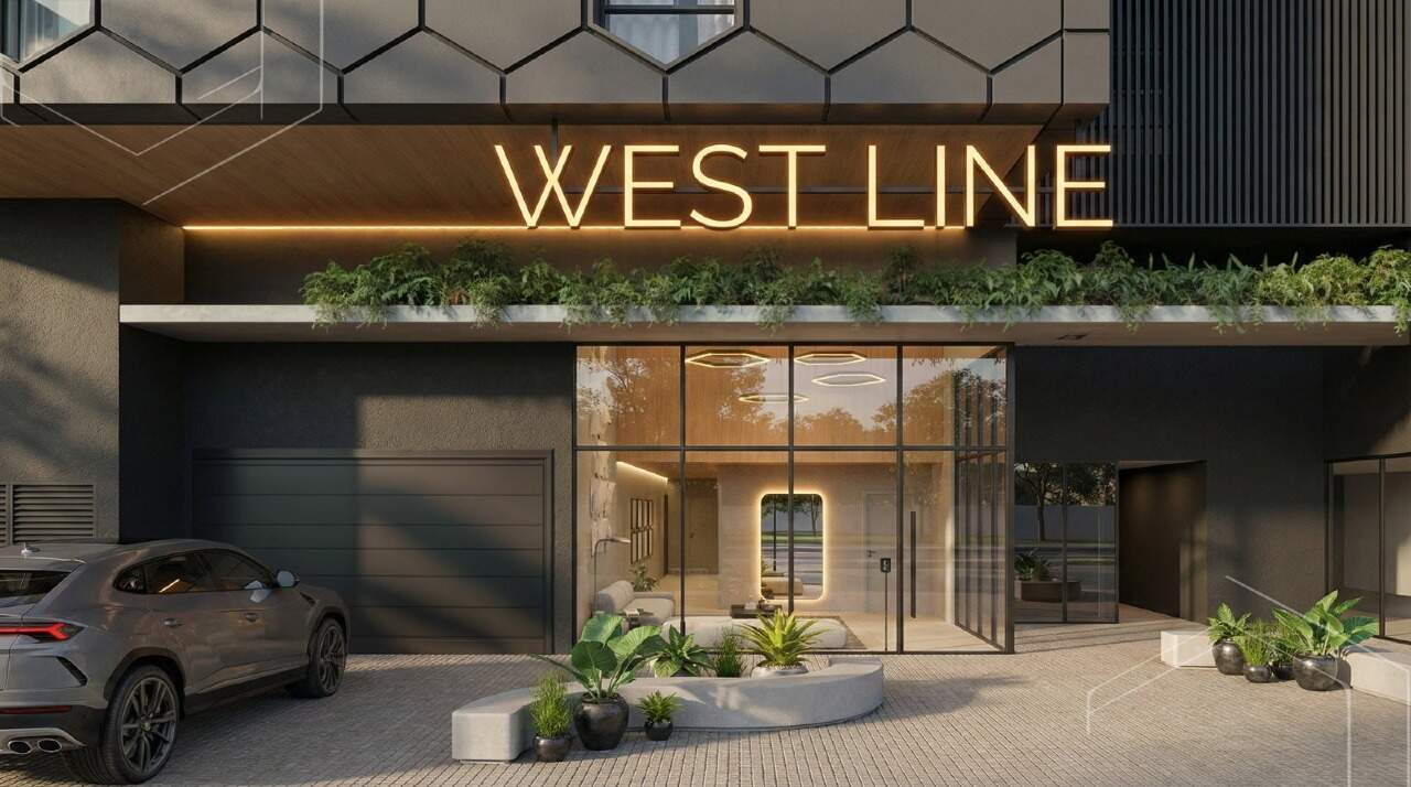 Acesso principal do West Line, com paisagismo na entrada (imagem ilustrativa)