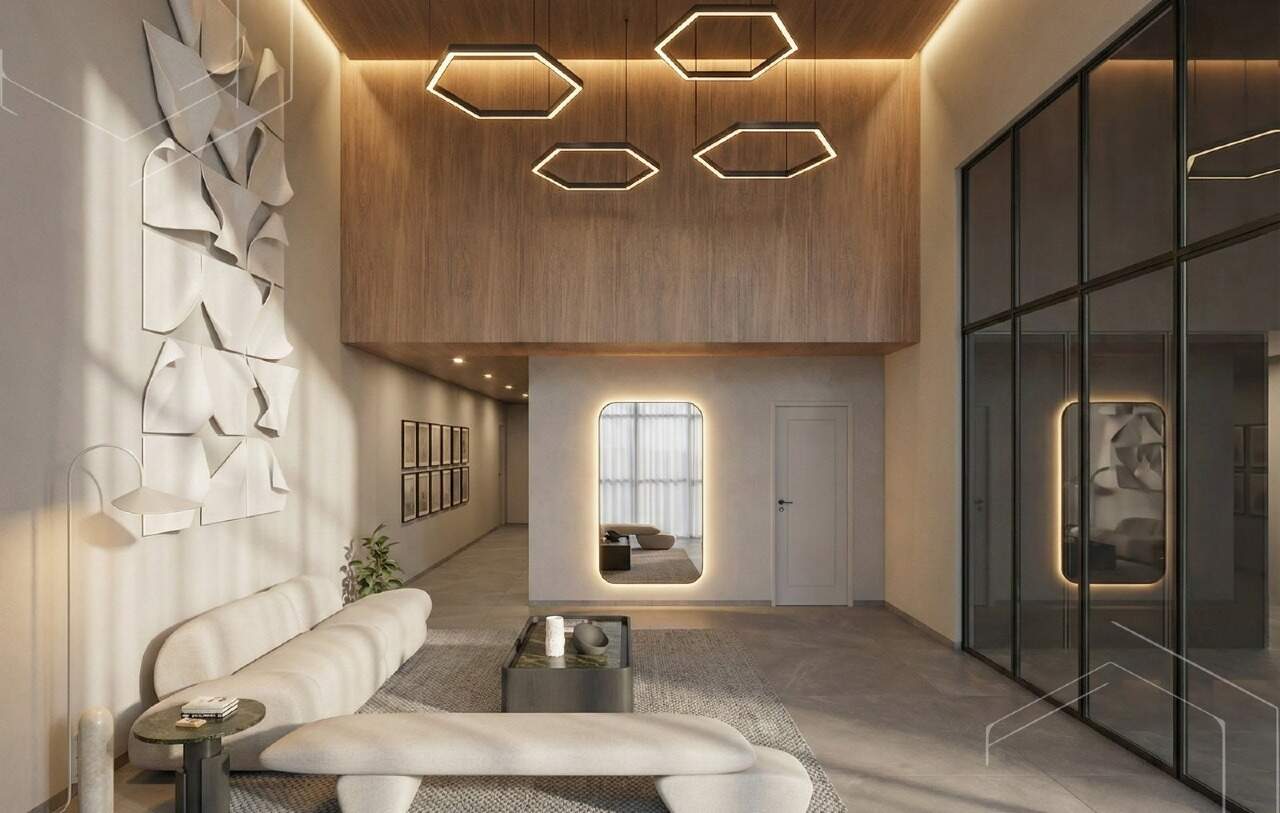 Hall de entrada com pé-direito duplo e luminárias hexagonais (imagem ilustrativa)