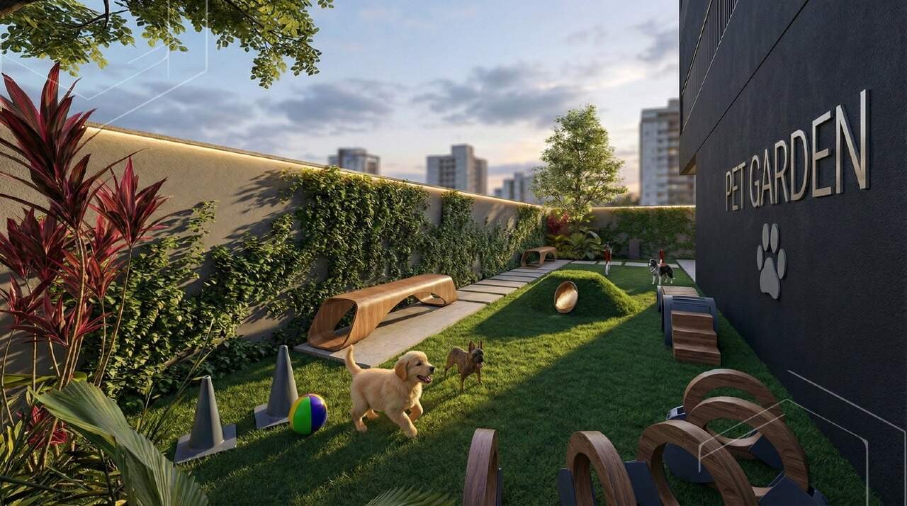 Pet garden do térreo, com gramado e brinquedos para cães (imagem ilustrativa)