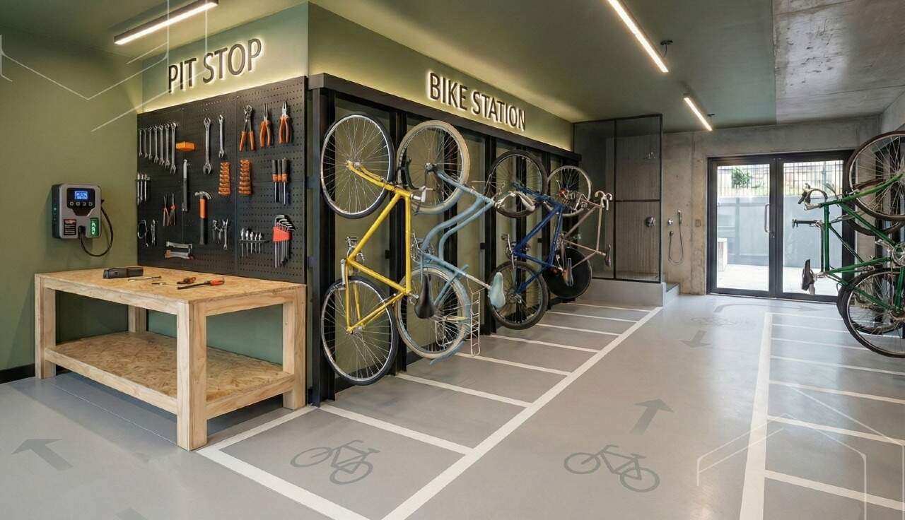 Bicicletário com pit stop para manutenção e bike station (imagem ilustrativa)