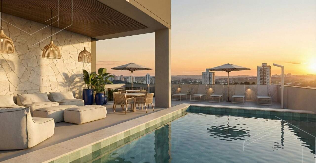 Piscina externa ao entardecer, com espreguiçadeiras (imagem ilustrativa)