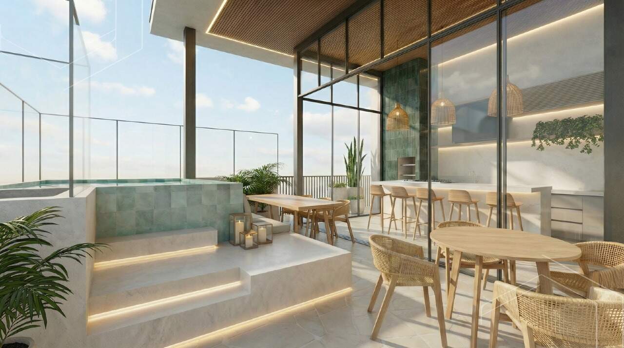 Espaço gourmet com piscina no rooftop (imagem ilustrativa)