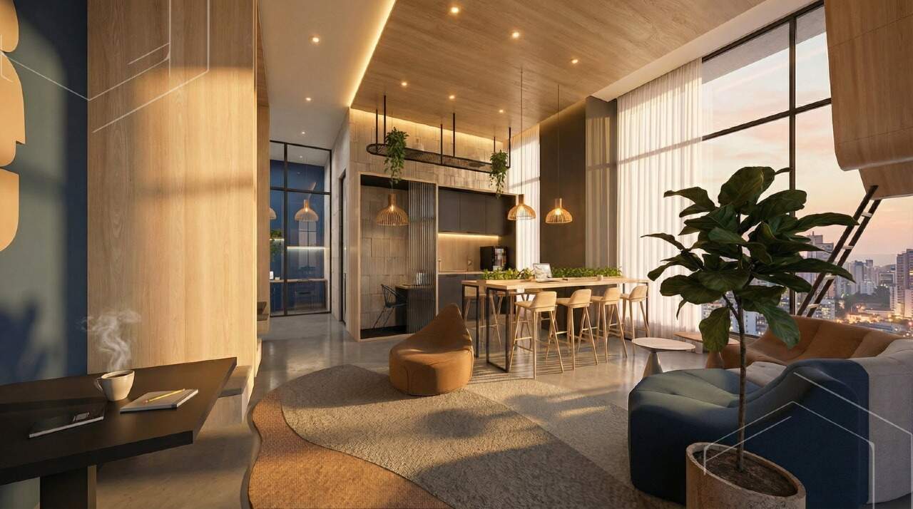 Coworking do rooftop com mesas de trabalho e estar (imagem ilustrativa)