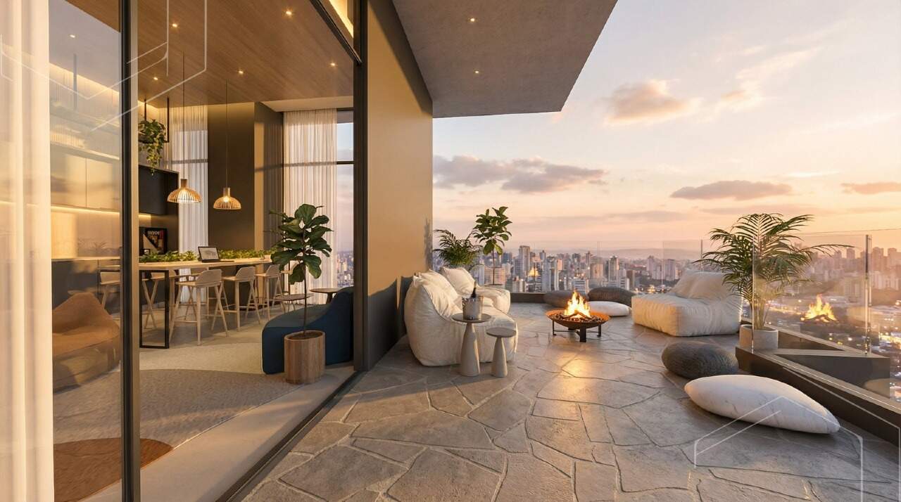 Lounge externo do rooftop com fire pit (imagem ilustrativa)