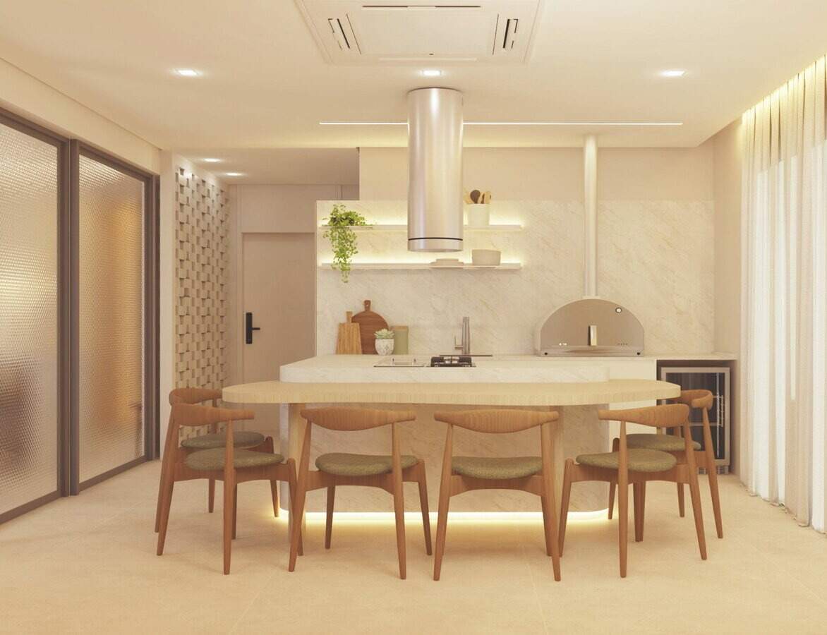 Espaço gourmet com forno de pizza e mesa de jantar no Aura Living Home (imagem ilustrativa)