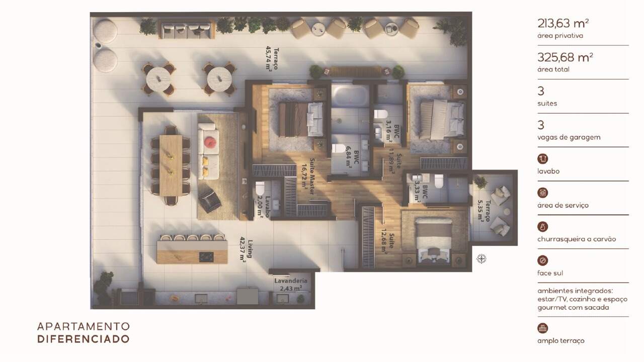 Planta do apartamento diferenciado: 213,63 m², 3 suítes e terraço de 45,74 m² (ilustrativa)