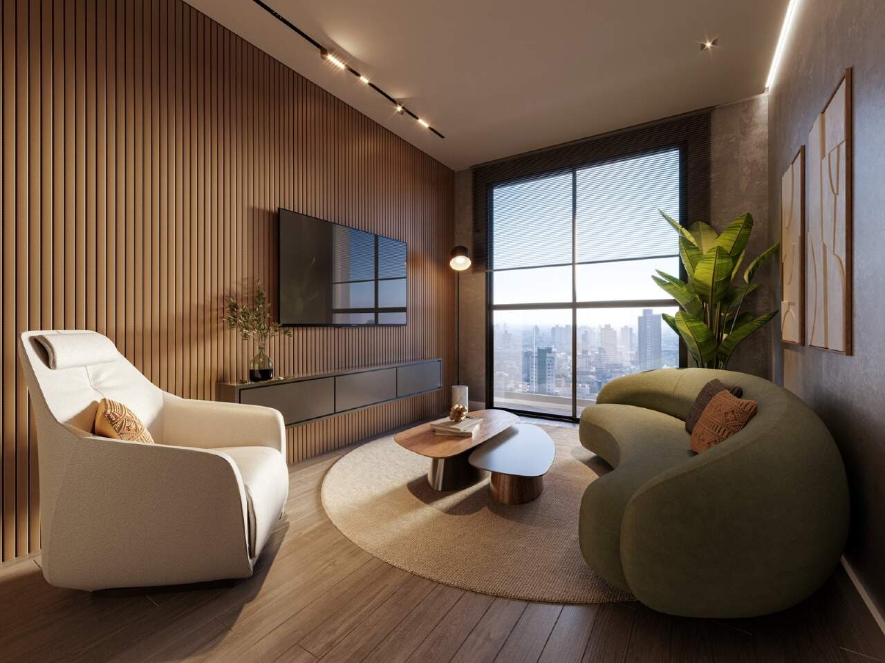 Living decorado com sofá curvo e poltrona (imagem ilustrativa)