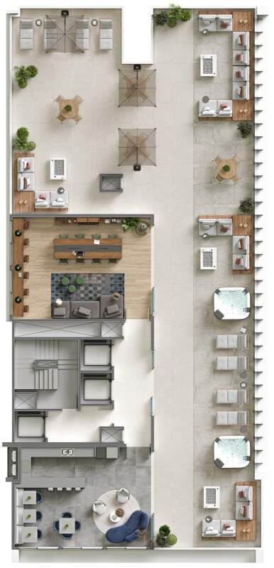 Planta do rooftop com sky bar, coworking, ofurôs e lounges
