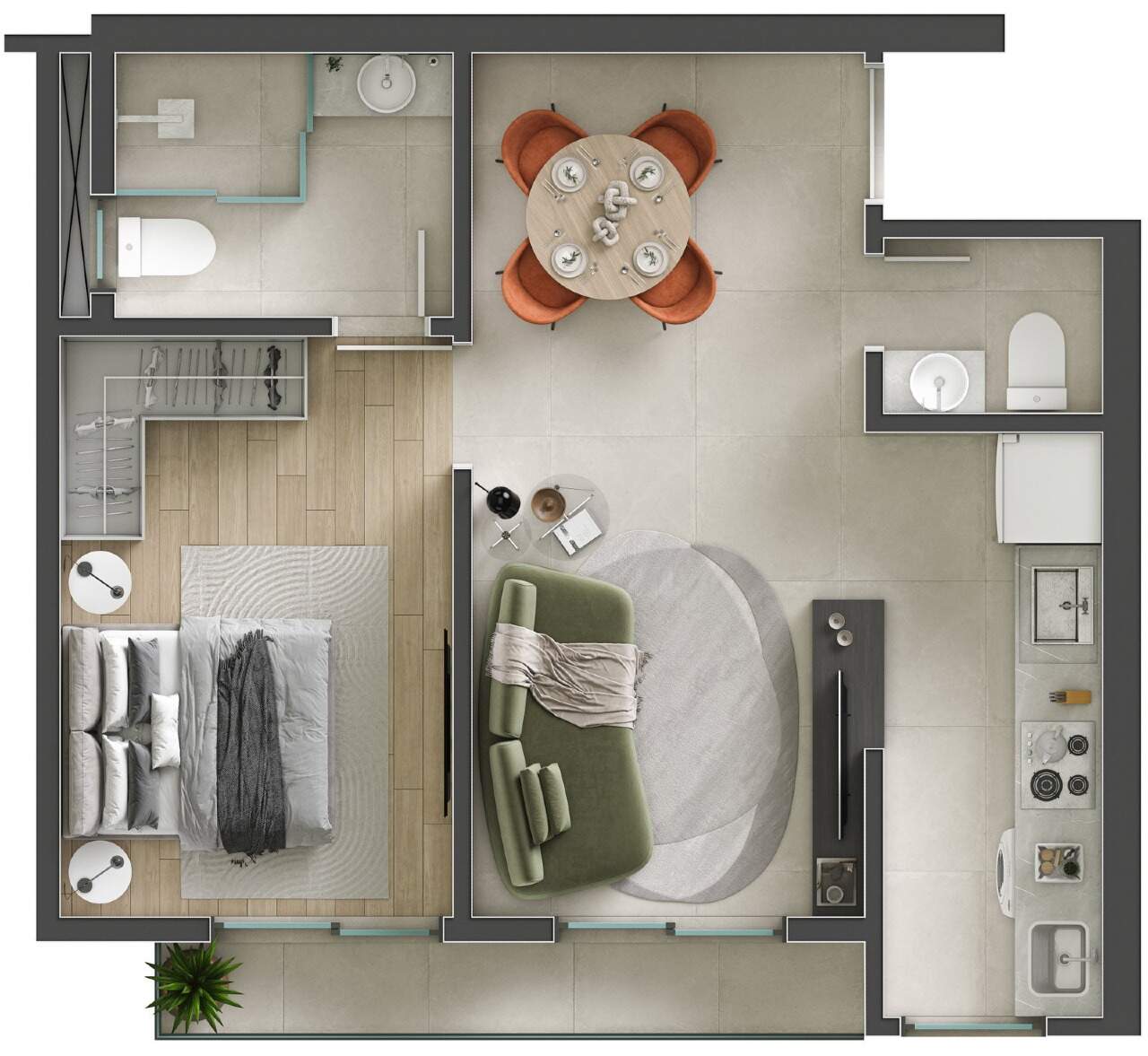Planta humanizada dos finais 01 e 02, de 49,82 m² com 1 suíte e lavabo
