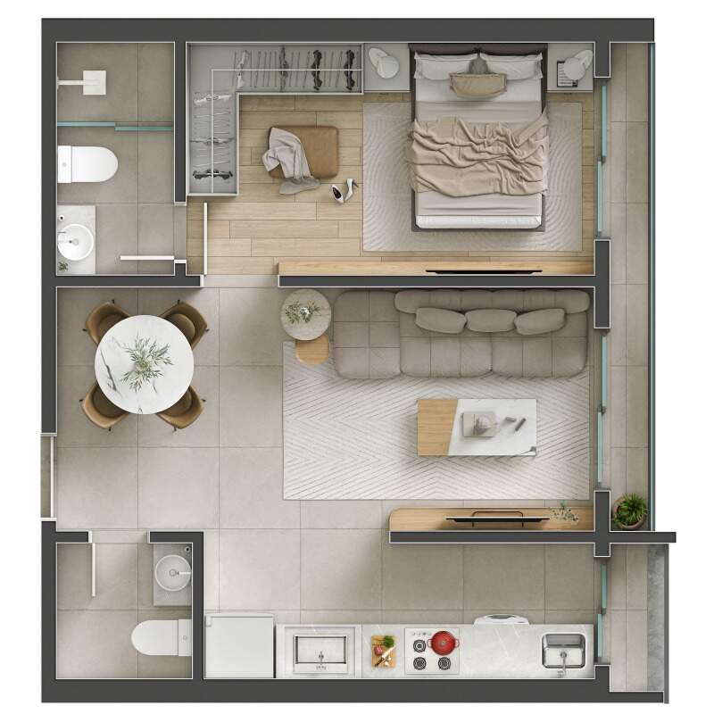 Planta humanizada do final 03, de 50,45 m² com 1 suíte e lavabo